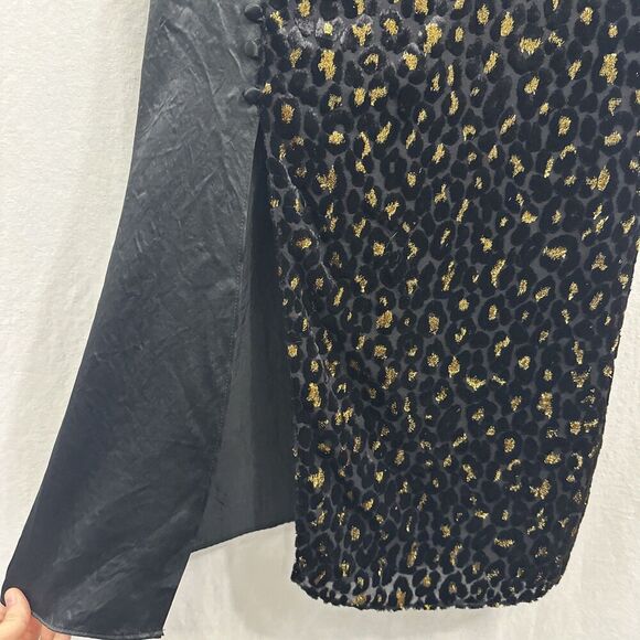 Intermix Ava Velvet Black Gold Leopard Slit Prom Midi Slip Dress Womens Size 4 - Picture 7 of 12